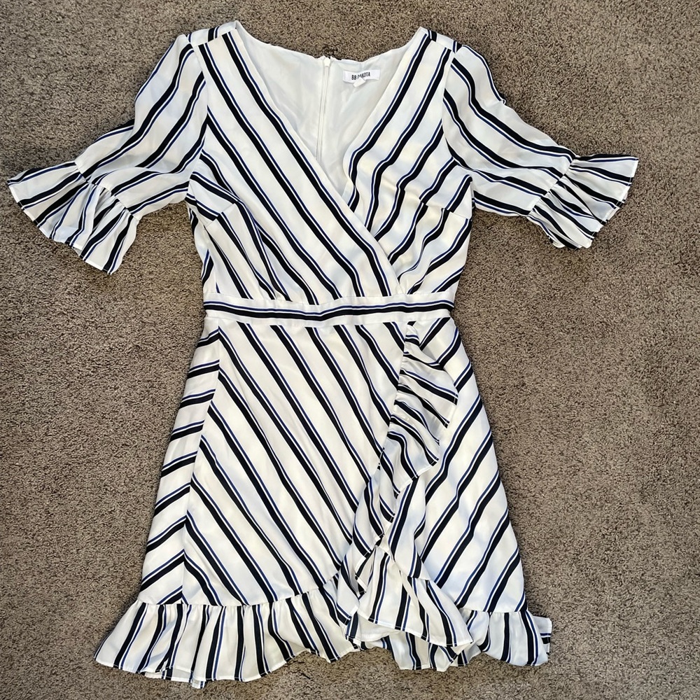 White dress with black and blue stripes
